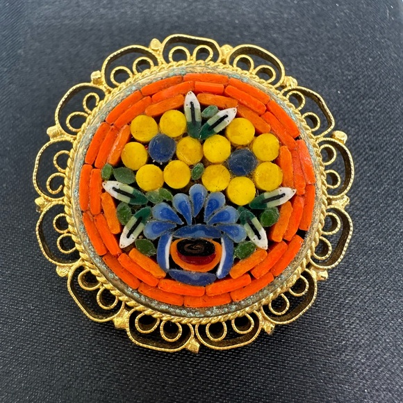 Vintage Italian Micro Mosaic Floral Brooch Scarf Hair Pin - Picture 3 of 9